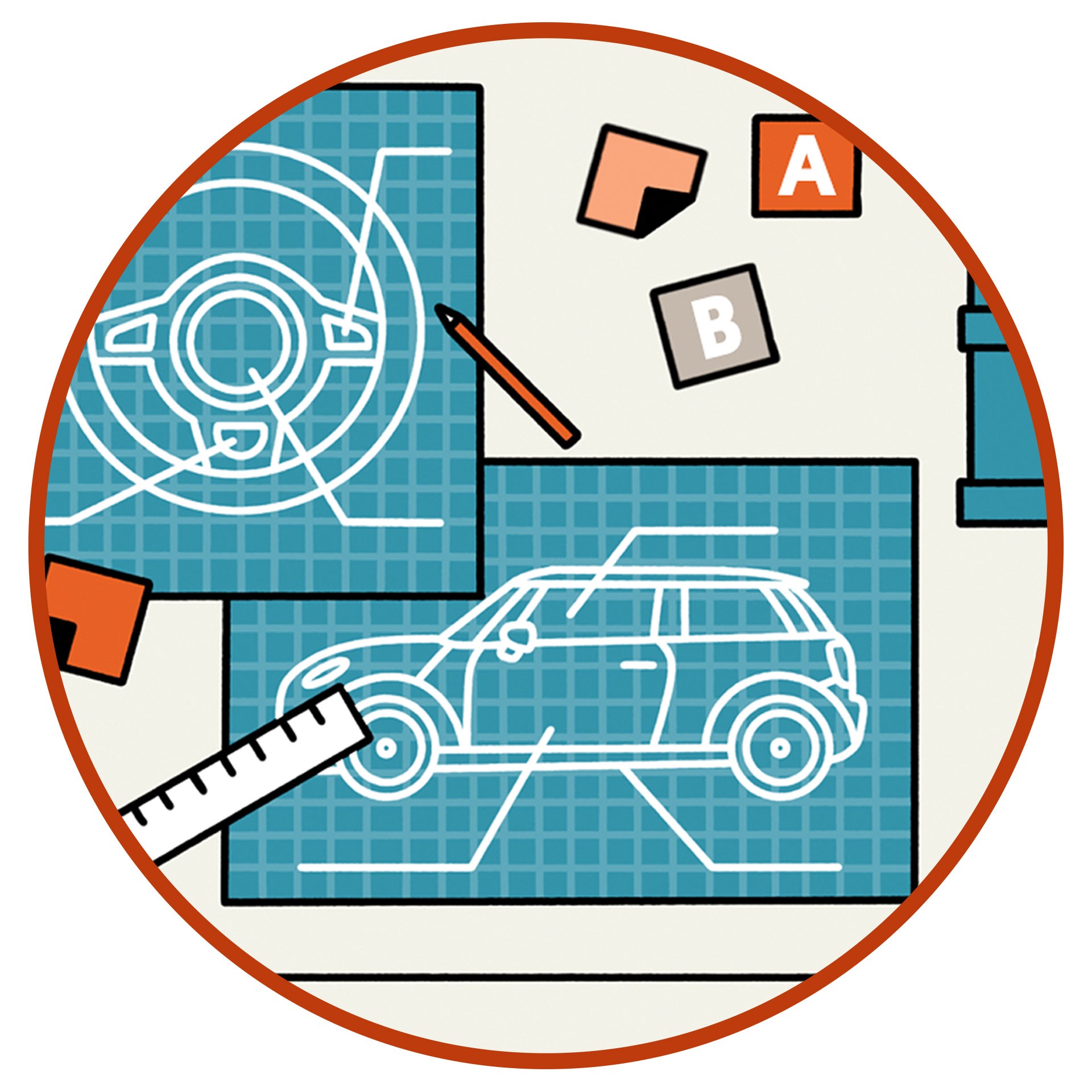 Illustration that shows sketches of a MINI Cooper SE and also a steering wheel on a working desk.